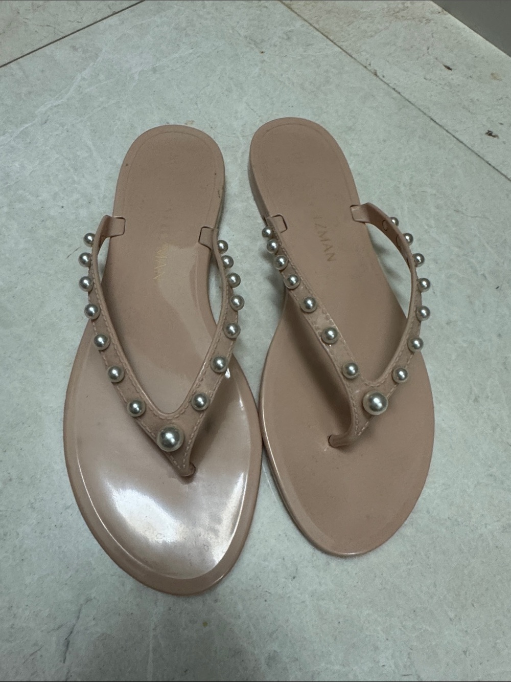 Stuart Weitzman Goldie Thong Nude Pearl-Accent Flip Flops
